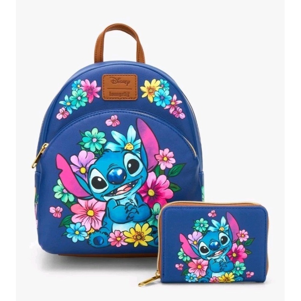 NWT Loungefly Disney Stitch Flowers Florals Hawaiian Mini Backpack‎ & WALLET Set